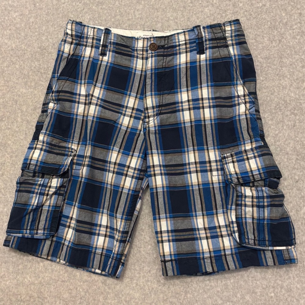 Aeropostale Mens Blue Plaid Cargo Shorts Size 32 Cotton Multi Pocket Casual